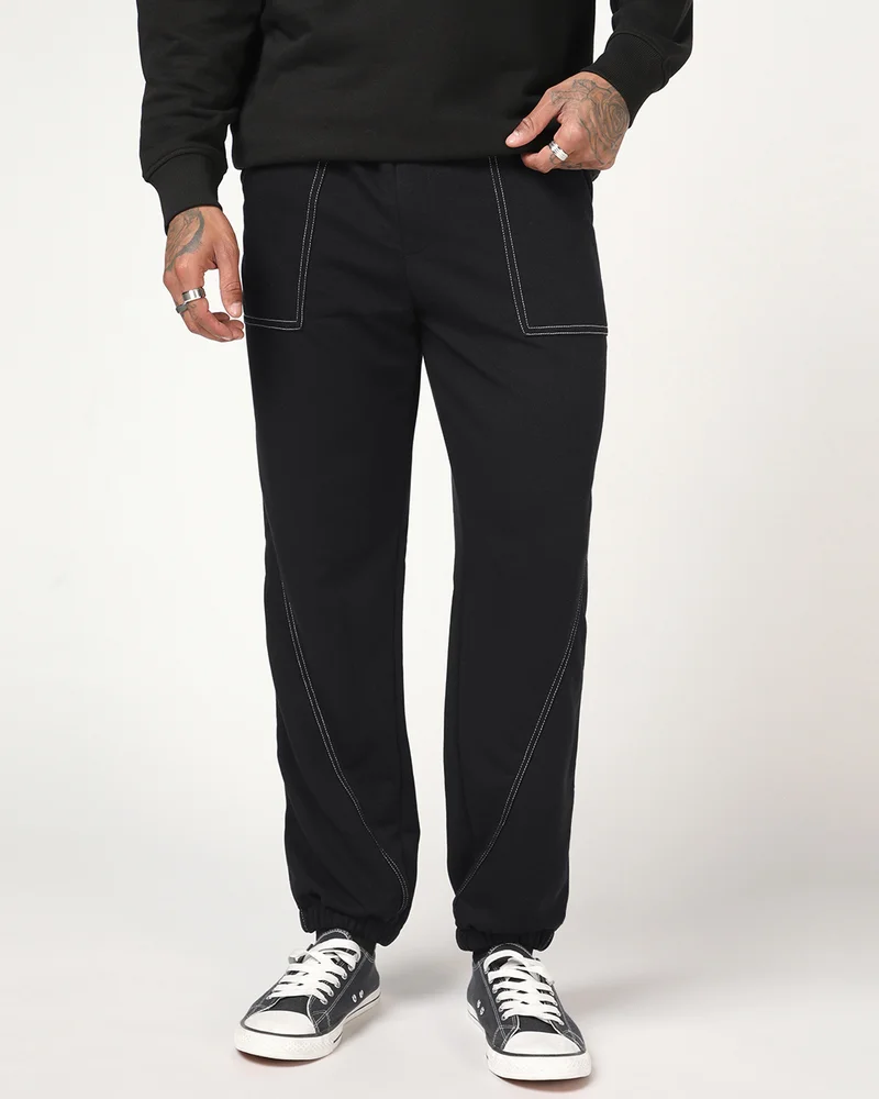 bewakoof Men's Black Oversized Warm Joggers